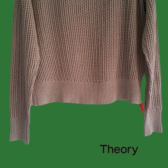 THEORY NEW Scandinavian OATMEAL MELANGE Allover Mesh Rib Trim Knit Sweater L - Picture 8 of 11